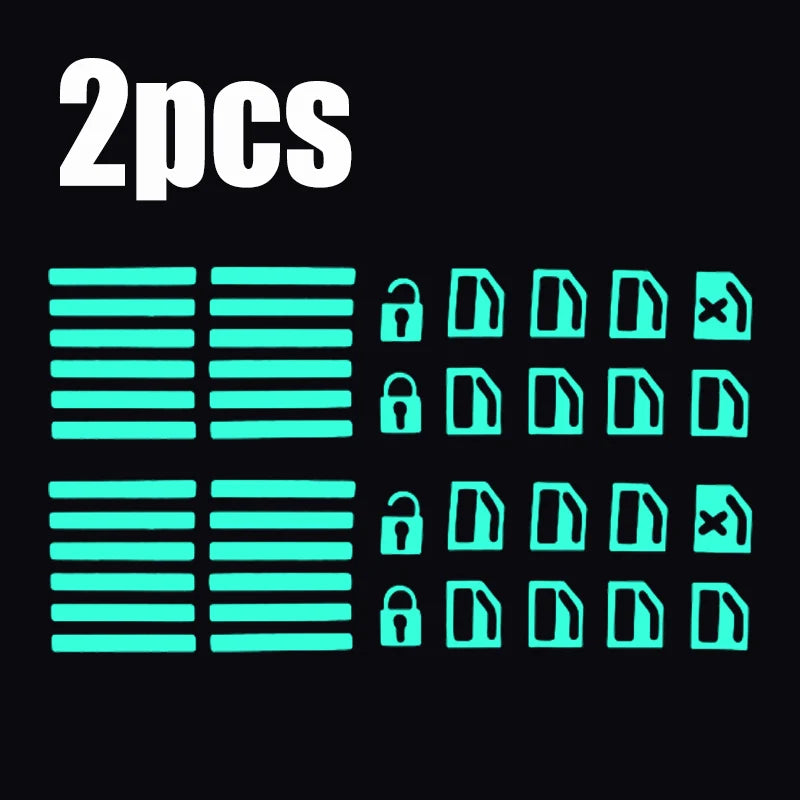 Two sets of glow-in-the-dark car window switch stickers, showing various lock and unlock icons.