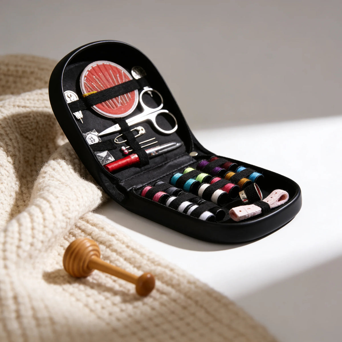 A black compact travel sewing kit with various tools is displayed on a cream-colored knitted fabric.