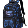 A dark blue and black gaming themed backpack set with a separate lunch bag and pencil case.