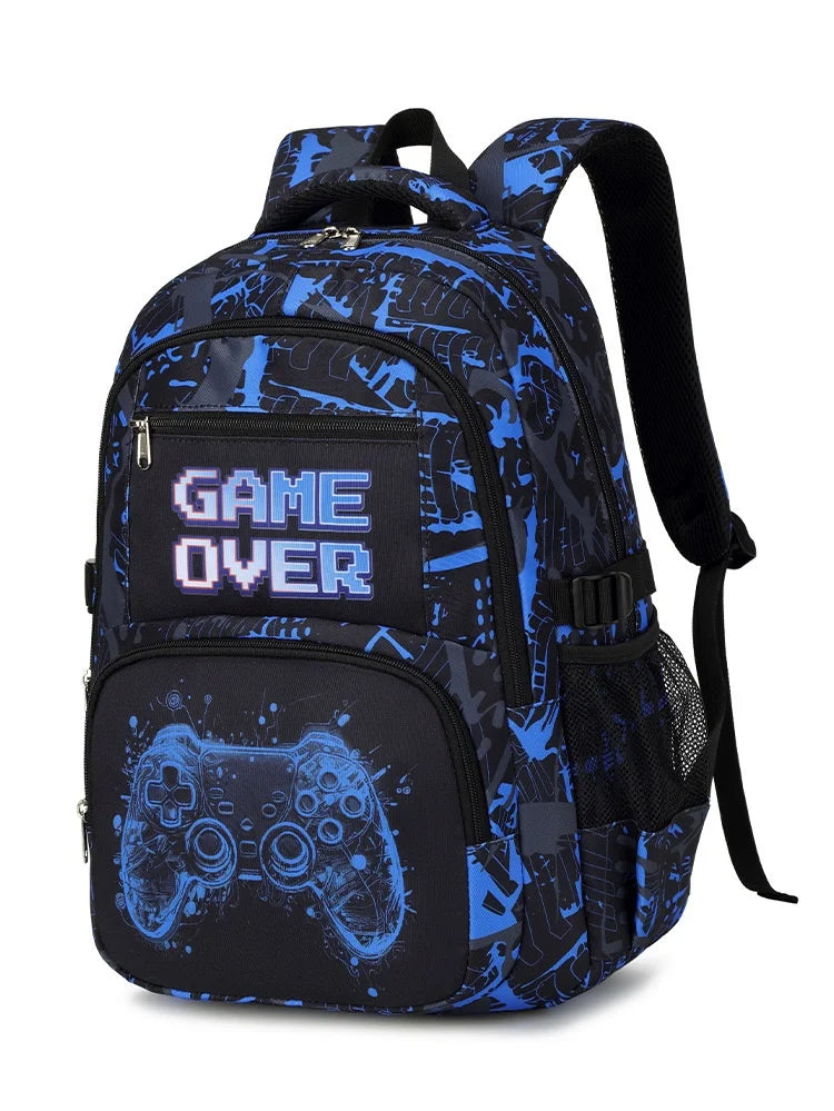 A dark blue and black gaming themed backpack set with a separate lunch bag and pencil case.