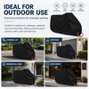 Black all-weather waterproof motorcycle cover with anti-theft lock holes shown in various outdoor settings.