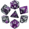A set of seven polyhedral dice in various colors and shapes for role-playing games