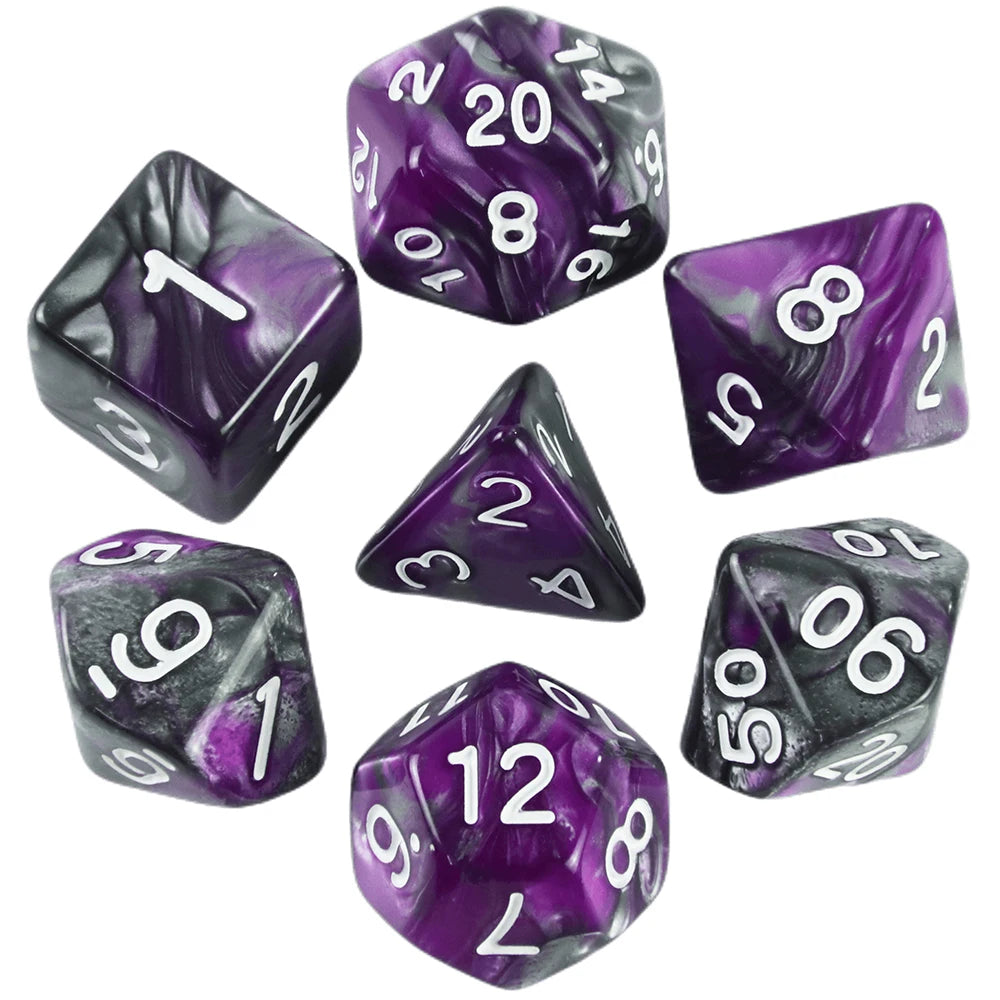 A set of seven polyhedral dice in various colors and shapes for role-playing games
