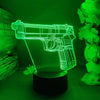 A neon green, gun-shaped night light illuminates a detailed 3D illusion of a firearm.