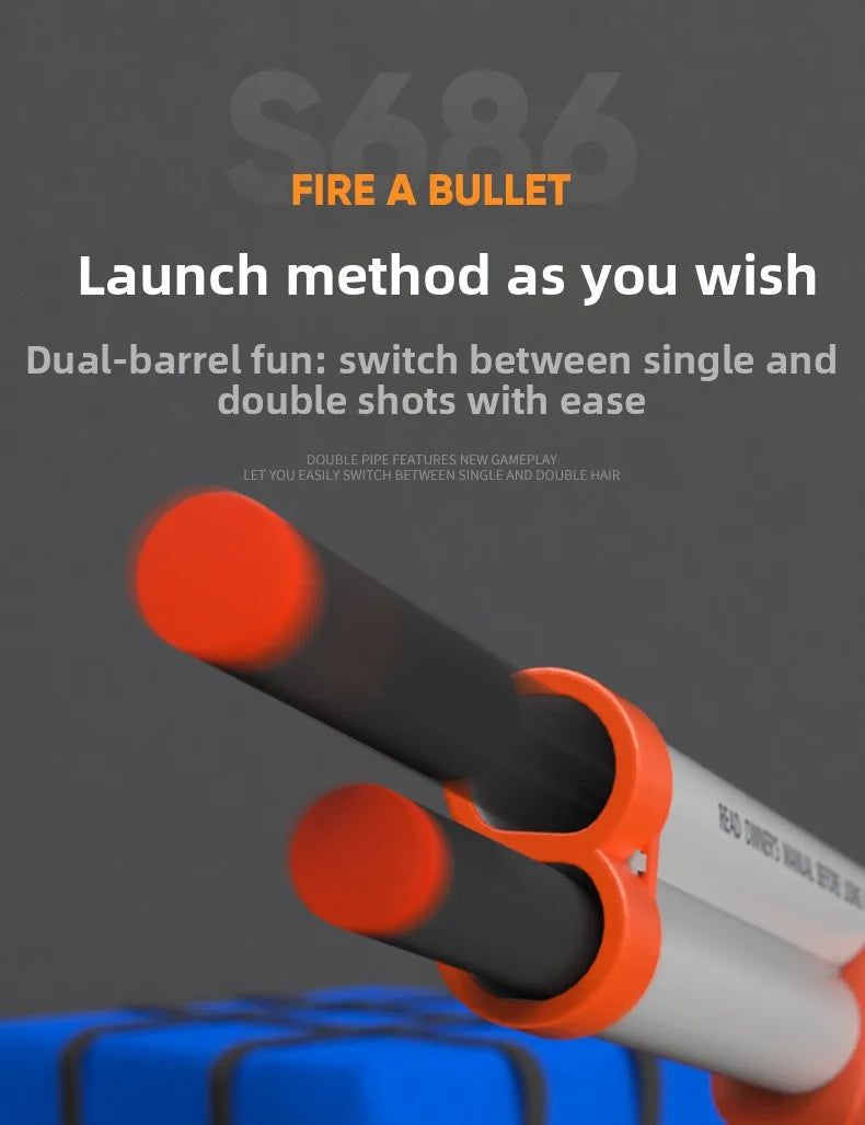 A close-up of a double-barrel toy rifle with orange and black components, showing the dual launch mechanism.