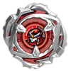 A silver and red precision metal spinning top with intricate detailing.