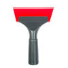 A black windshield ice scraper and squeegee with a red blade.