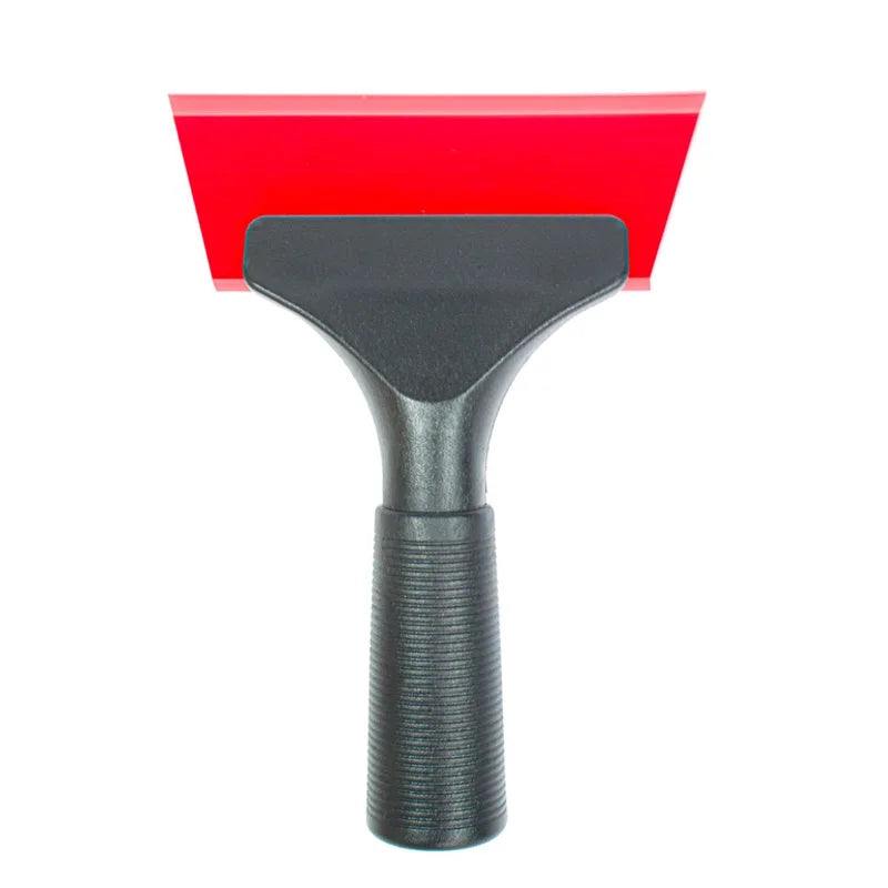A black windshield ice scraper and squeegee with a red blade.