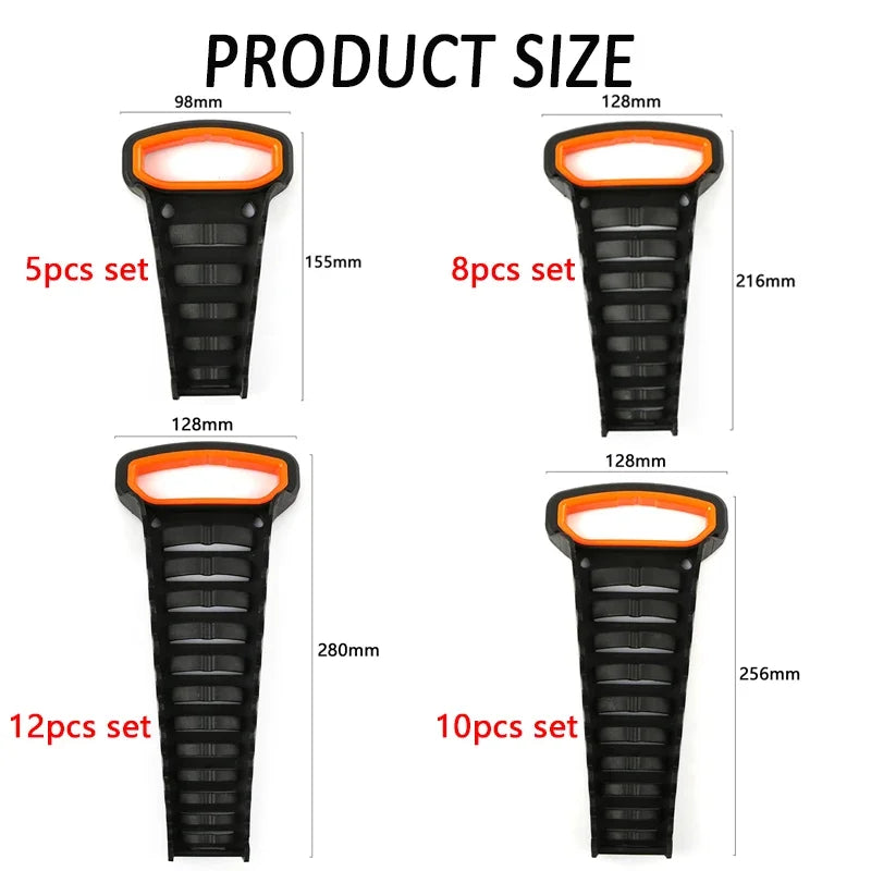 Various sets of heavy-duty black wrench organizer trays with orange handles and different lengths.