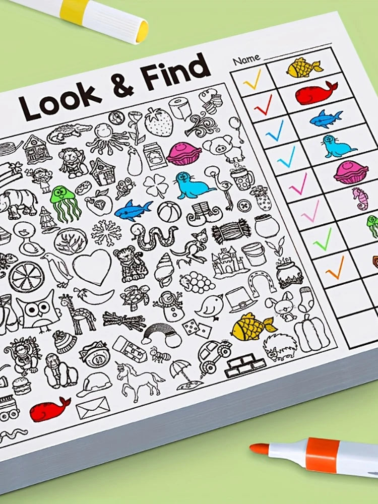 A page from a Look & Find activity book showing various objects to be identified and checked off.