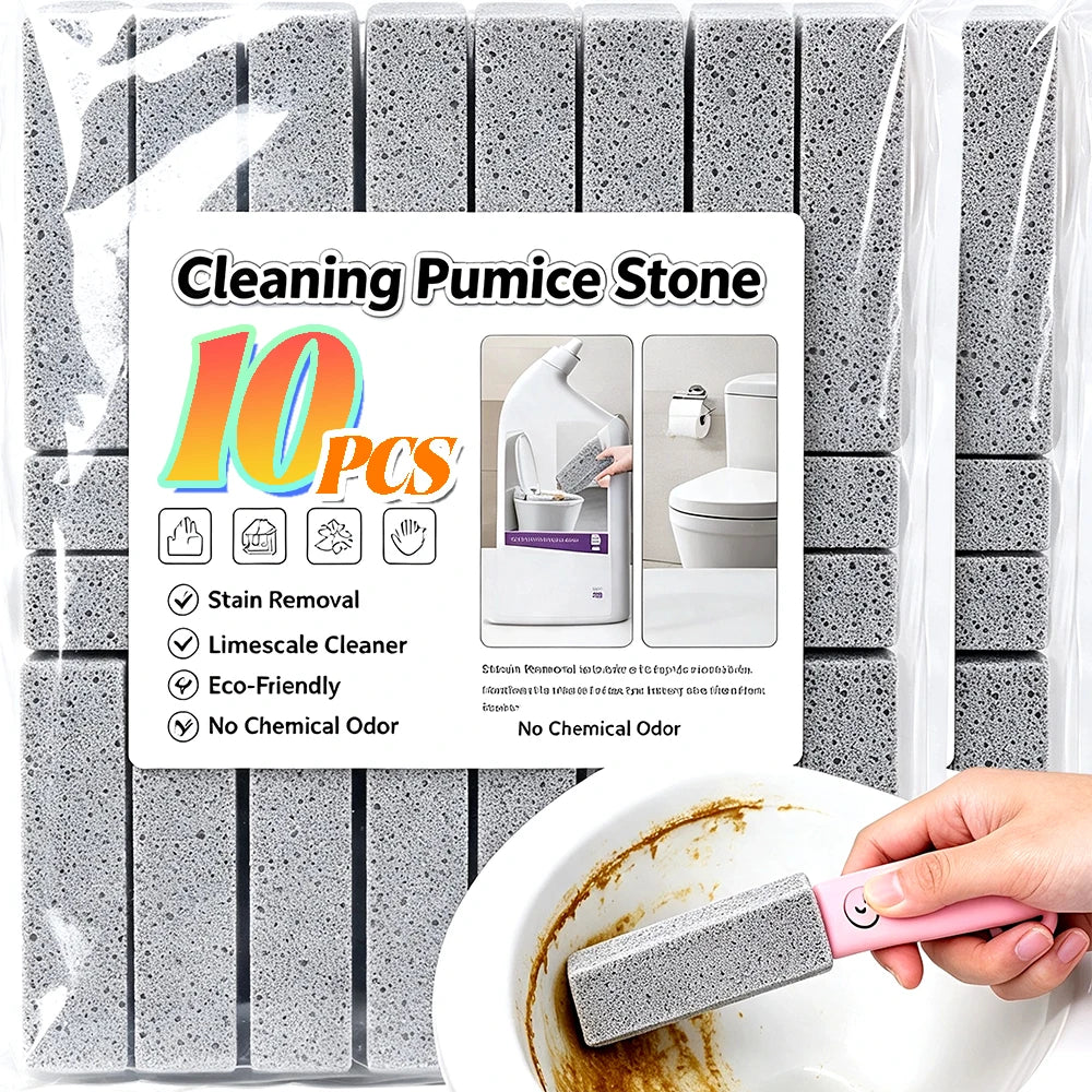 A cleaning pumice stone stick is shown next to a plate with food residue, demonstrating its use for stain removal.