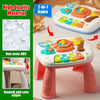 A white baby interactive activity table featuring a piano and steering wheel components for children.