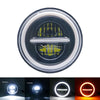 A circular motorcycle LED headlight with angel eyes and daytime running lights shown in various light conditions.