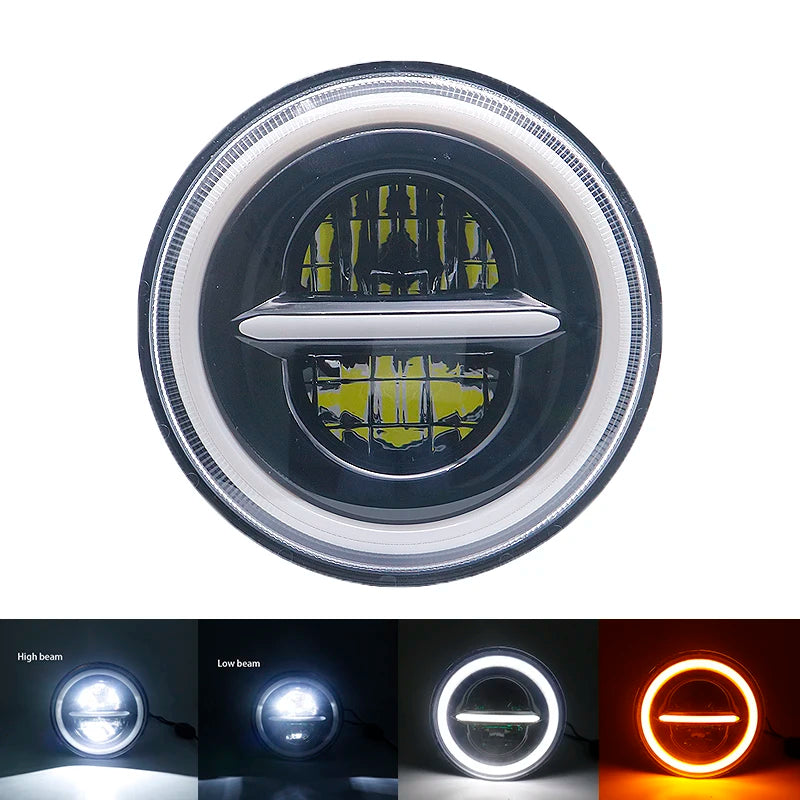 A circular motorcycle LED headlight with angel eyes and daytime running lights shown in various light conditions.