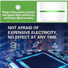 White plug-in energy saver device with green light, shown next to various power outlets and plugs.