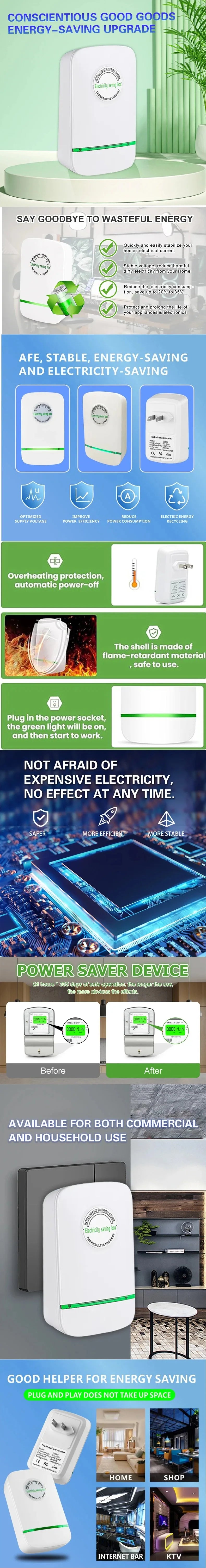 White plug-in energy saver device with green light, shown next to various power outlets and plugs.