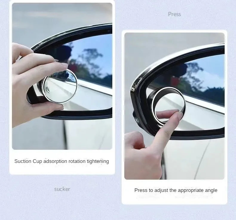 A hand is shown pressing a blind spot mirror on a car window to adjust the angle for suction cup adsorption.