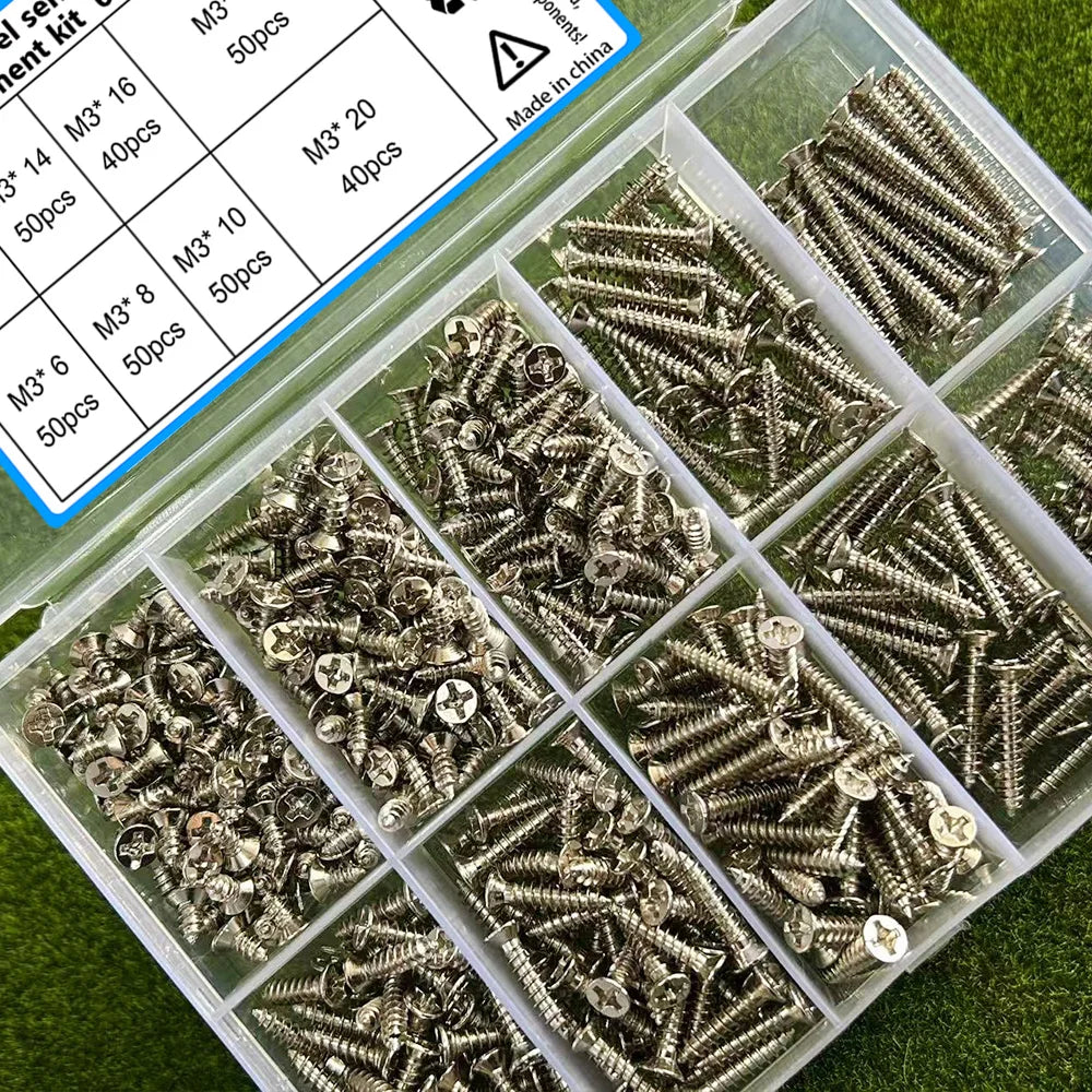 Assortment of M3 stainless steel self-tapping screws in various lengths and quantities packaged in plastic trays.