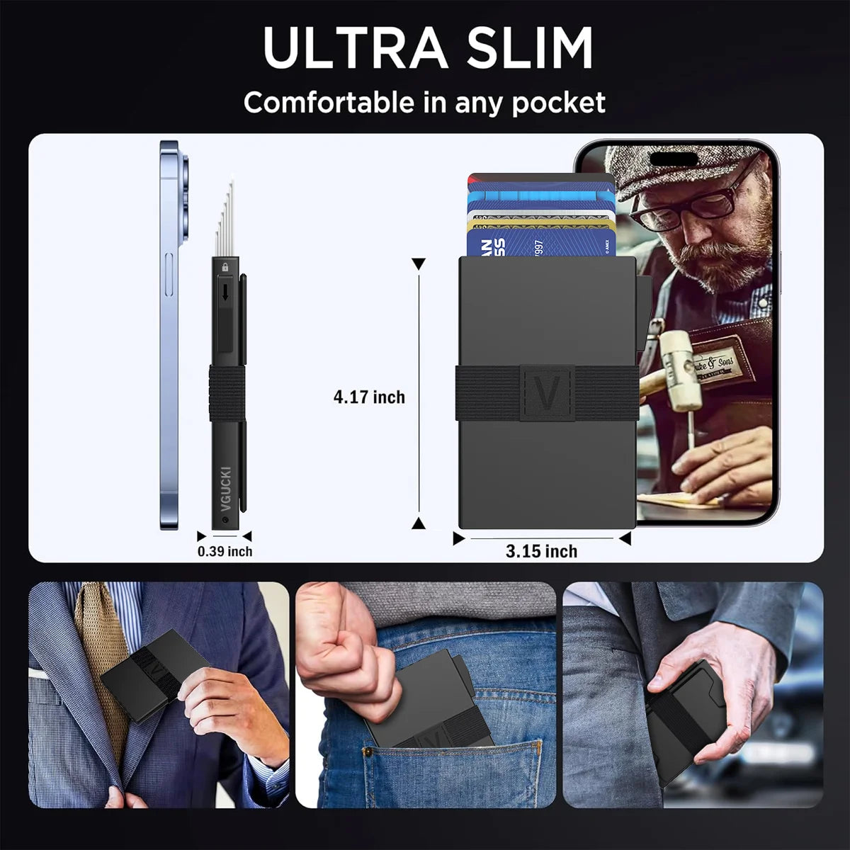 Ultra-dünner Metall-Kartenhalter in verschiedenen Kontexten, einschließlich vertikaler Ansicht und in einer Tasche.