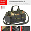 A black tool kit bag with a camouflage pattern and a reinforced plastic bottom, shown from the top.