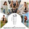 An insulated stainless steel tumbler shown in various lifestyle contexts including office, gym, travel, and home settings.