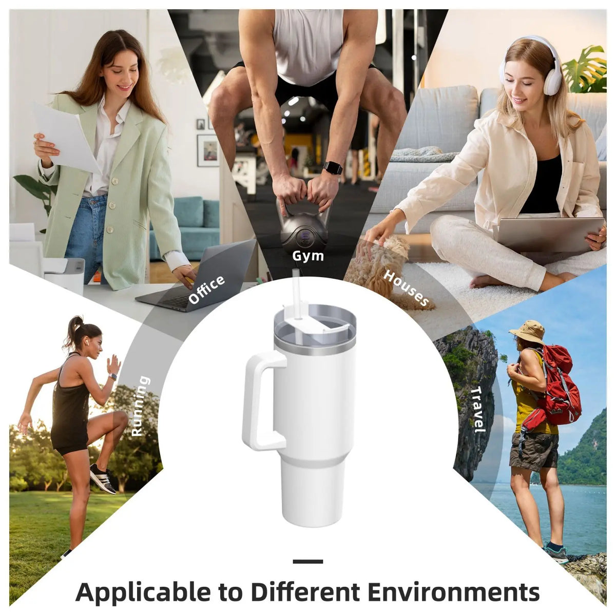 An insulated stainless steel tumbler shown in various lifestyle contexts including office, gym, travel, and home settings.