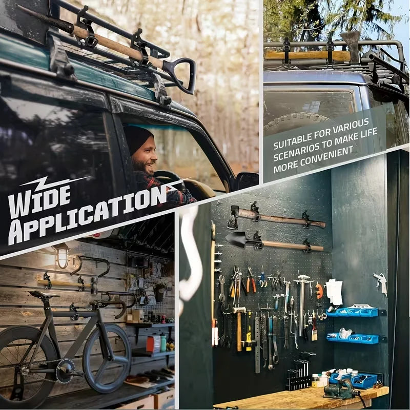 A close-up view of a heavy-duty wall mount tool holder displaying various hand tools and outdoor equipment.
