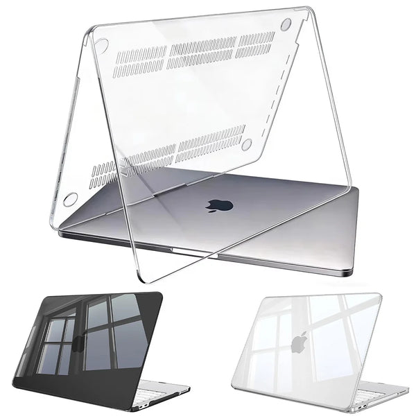 A set of clear protective hard shell cases for a MacBook Air, shown in various angles.