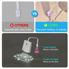 A white motion sensor toilet night light with a pink light projection shining on the floor.