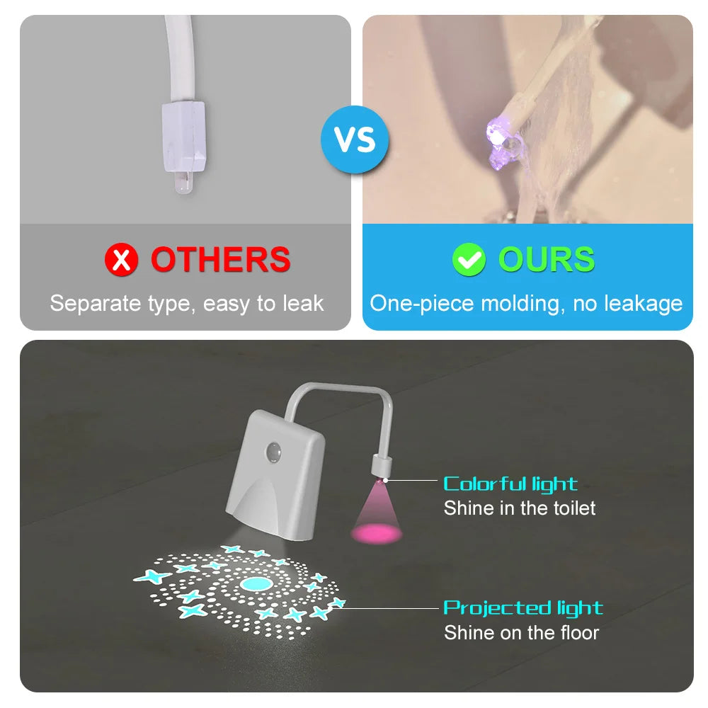 A white motion sensor toilet night light with a pink light projection shining on the floor.