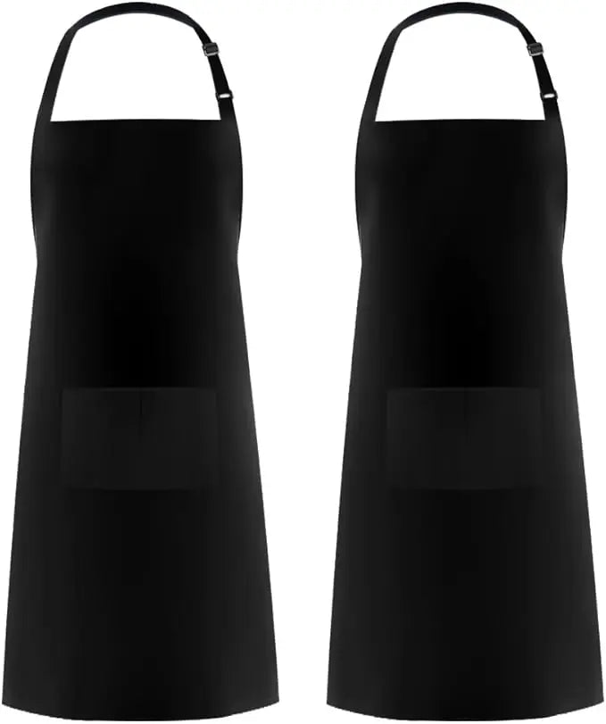 A pair of solid black adjustable kitchen aprons with pockets.
