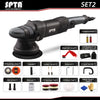 A black SPTA dual action car detailing polisher with various accessories and tools.