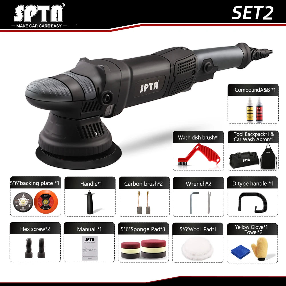 A black SPTA dual action car detailing polisher with various accessories and tools.