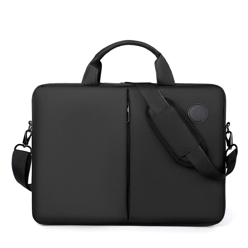 Black men's business commuter laptop briefcase with a padded shoulder strap.