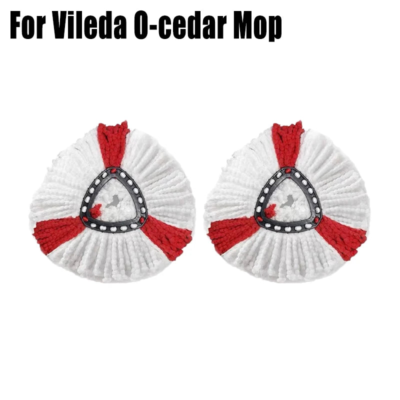 Two white and red microfiber mop pad replacements for a Vileda O-cedar mop.