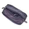 A black leather compact zippered coin purse with a metal key holder attached.