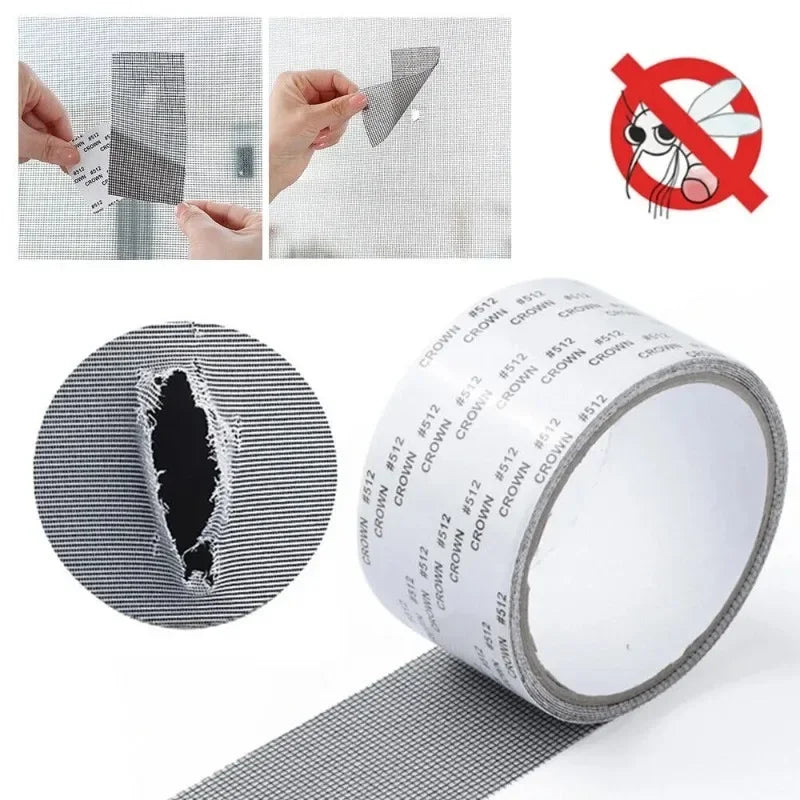 Self-adhesive fiberglass screen repair patches being applied to a window screen.