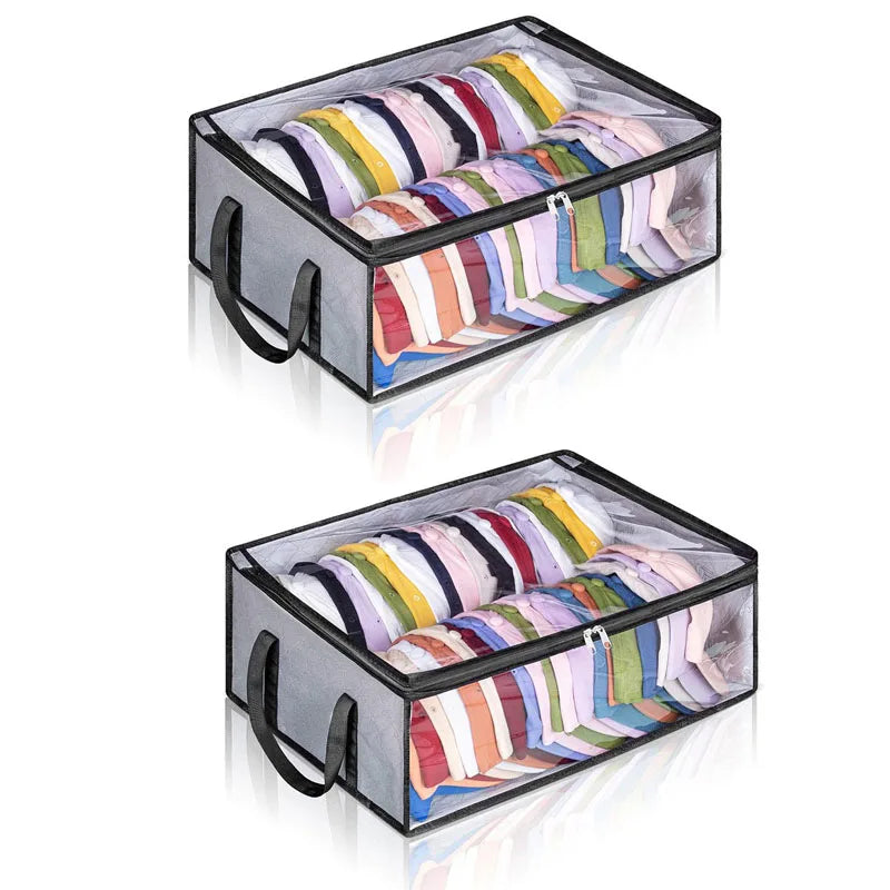 A clear storage box filled with colorful striped hats and accessories for closets or dorm rooms.