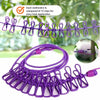Purple elastic travel clothesline with non-slip clips shown in various applications and a coiled version
