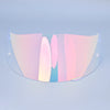 A transparent motorcycle helmet visor lens shield displaying a gradient of pink, orange, and blue colors.