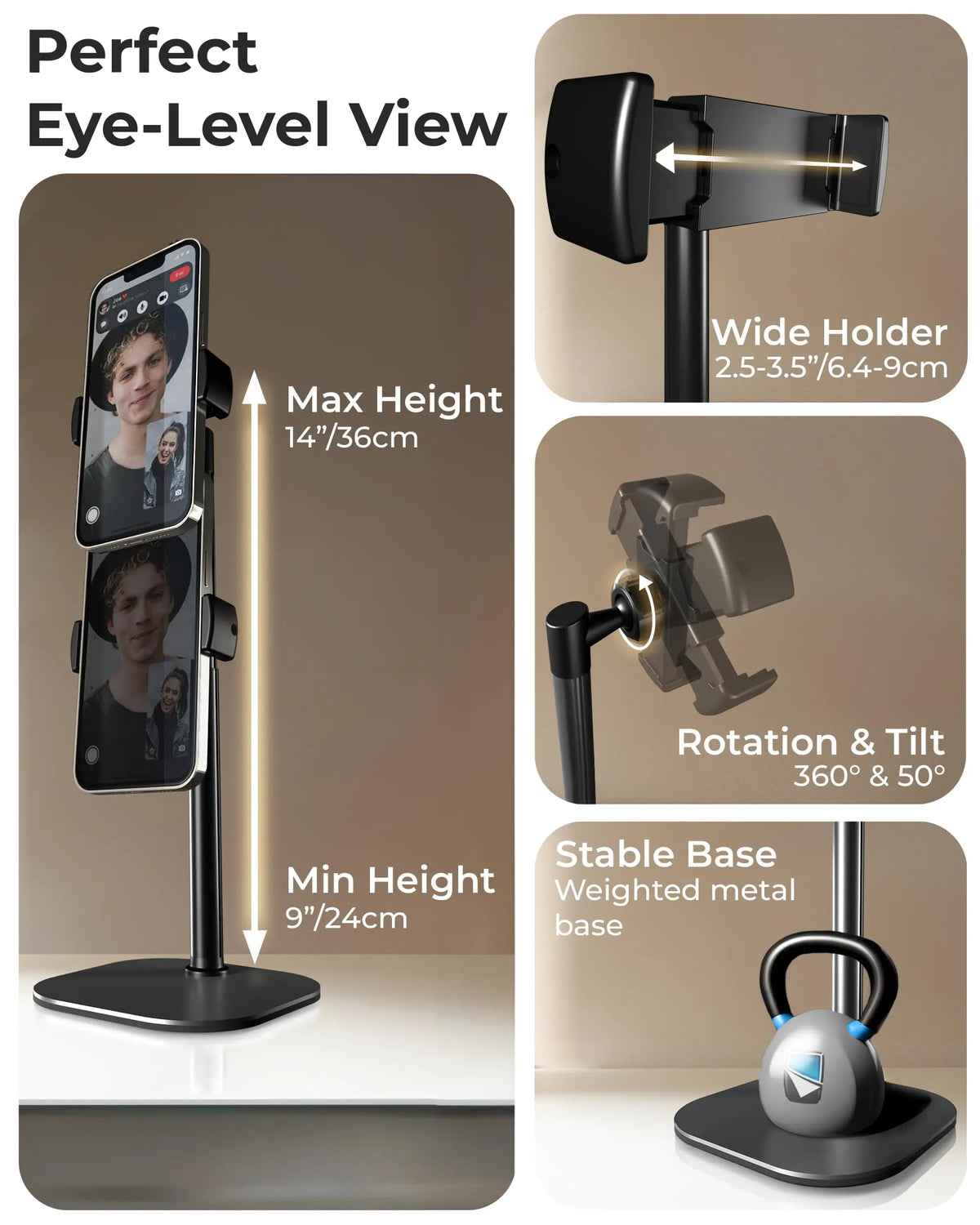 Adjustable Aluminum Phone Stand for Desk with 360° Rotation