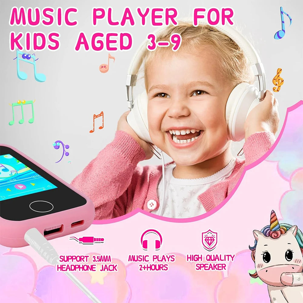 A smiling child wearing white headphones while holding a pink smartphone music player for kids.