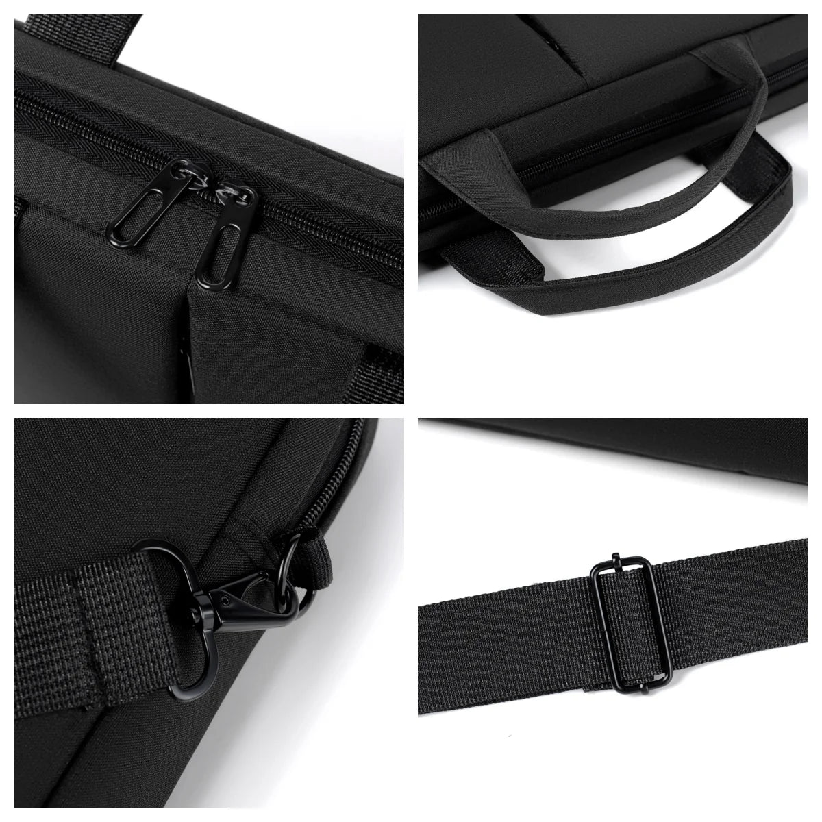 Black men's business commuter laptop briefcase featuring zippered compartments and adjustable strap details.