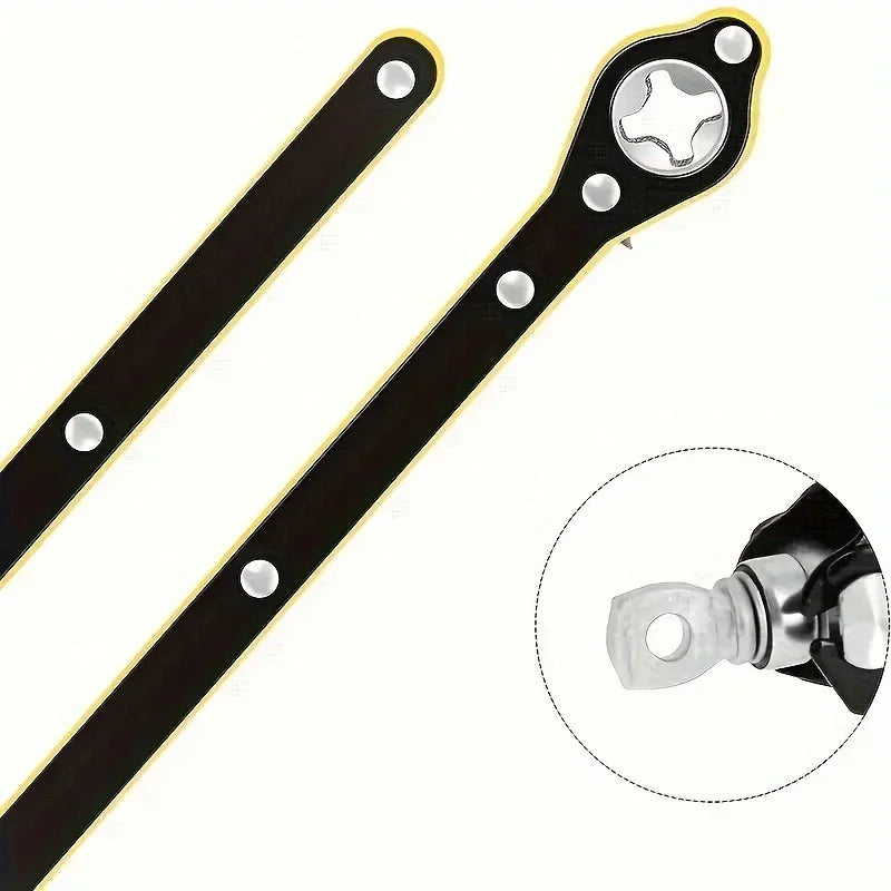 A black labor-saving ratchet wrench with a gold accent and a removable socket is shown.