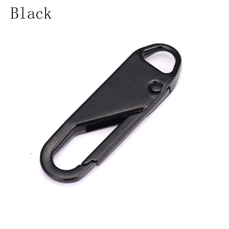 A black universal replacement zipper pull with a slider mechanism.