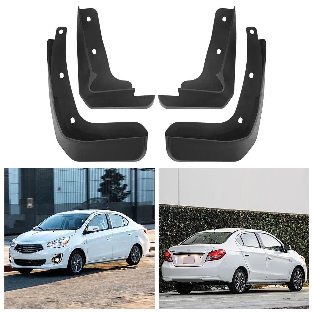 Set of black mud guards for a Mitsubishi Mirage G4 vehicle.