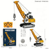A yellow 1:64 scale remote control crawler crane model with a long boom and tracks.