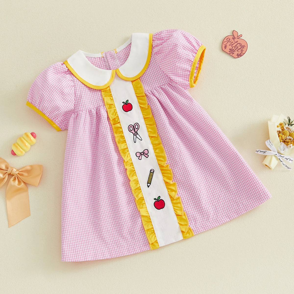 Girls Embroidered Plaid A-Line Dress with Peter Pan Collar