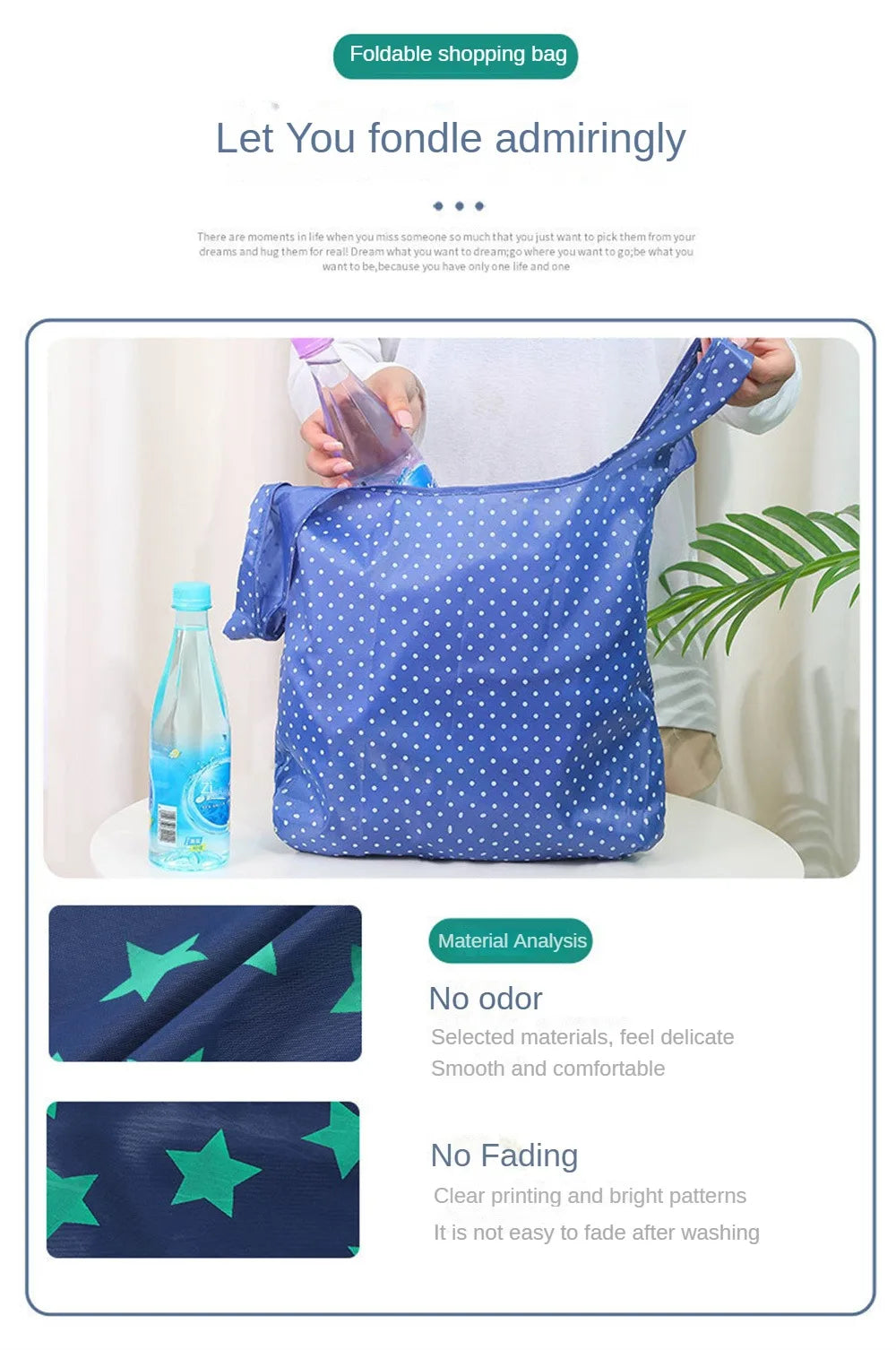 A blue polka dot fabric shopping bag is shown being held, with a glass bottle and green leaves in the background.