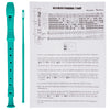 A green 8-hole soprano recorder with a cleaning rod and a fingering chart.